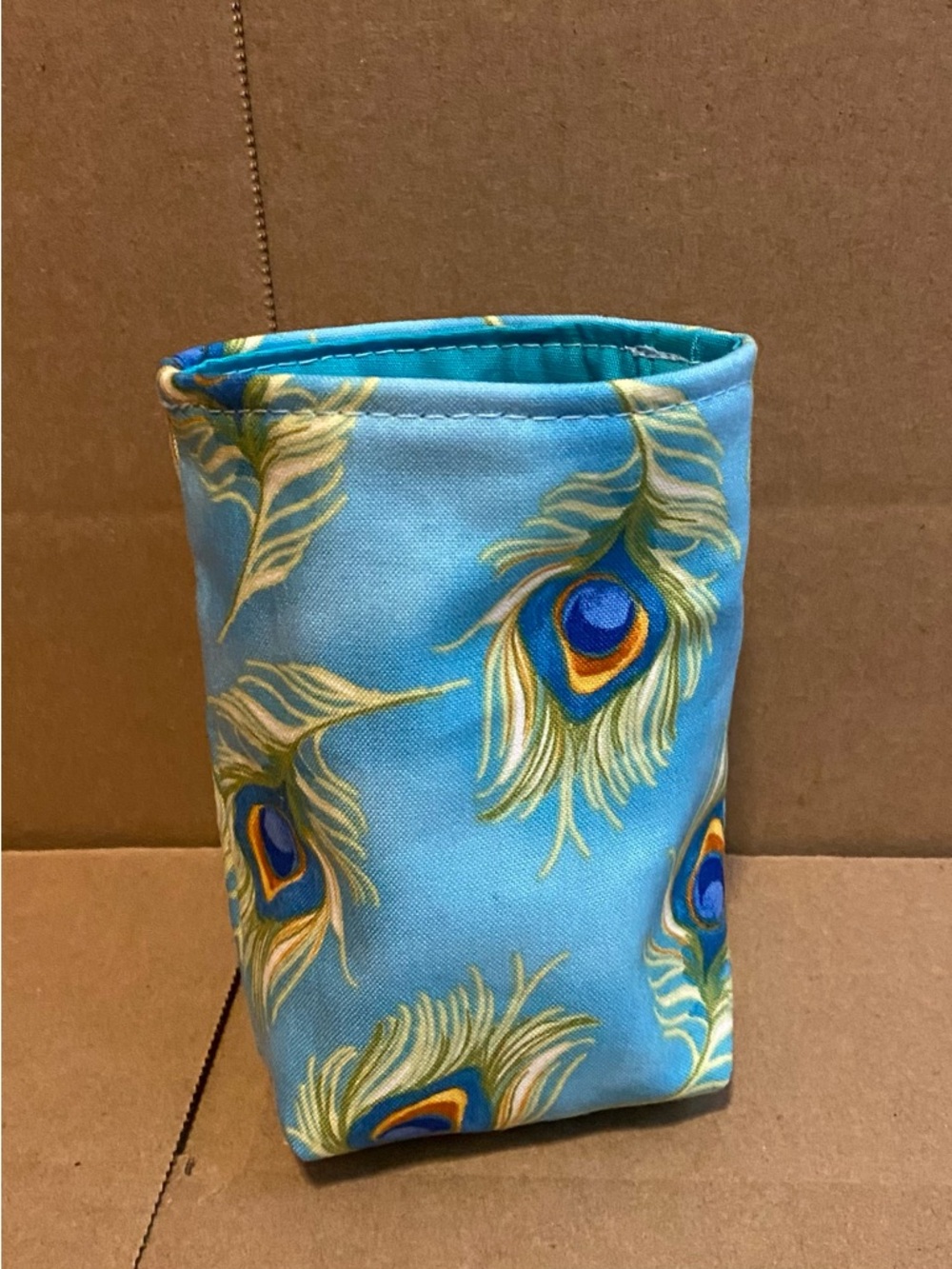 Handmade Fabric Koozie with Peacock Feather Design -Turquoise